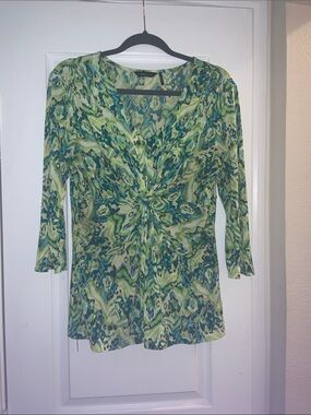 Green Patterned Twist-Front Blouse by Slimpact will build in shaper underneath